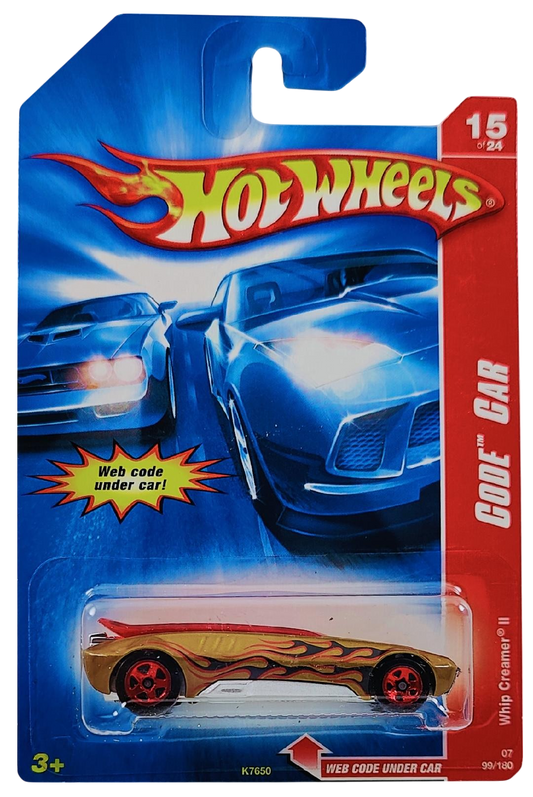 Hot Wheels 2007 - Collector # 099/180 - Code Car 15/24 - Whip Creamer II - Gold / Black Flames - Chrome Red 5 Spoke Wheels - USA Card