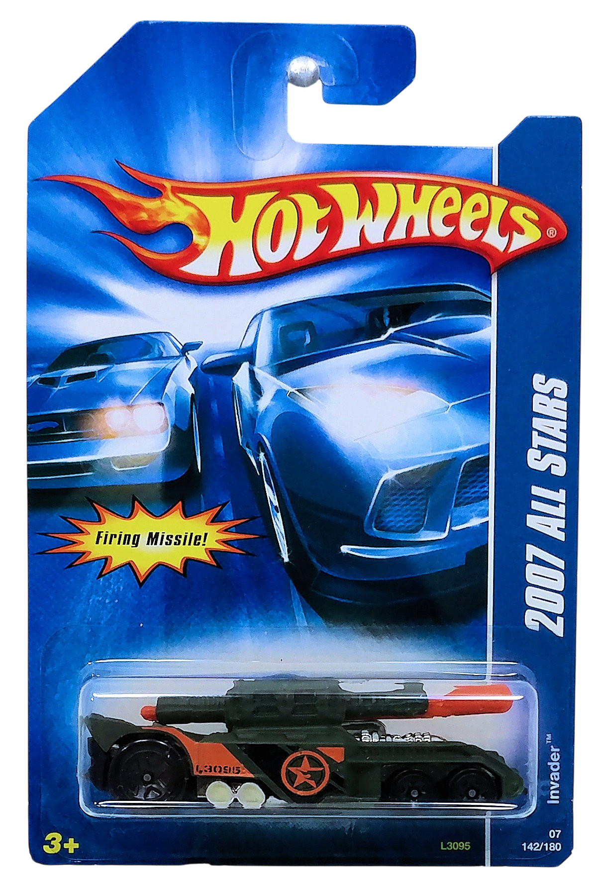Hot Wheels 2007 - Collector # 142/180 - All Stars - Invader (Tank) - Matte Olive Green Camo Graphics / Orange Star - Black 5 Spoke (5SP) Wheels - USA Card