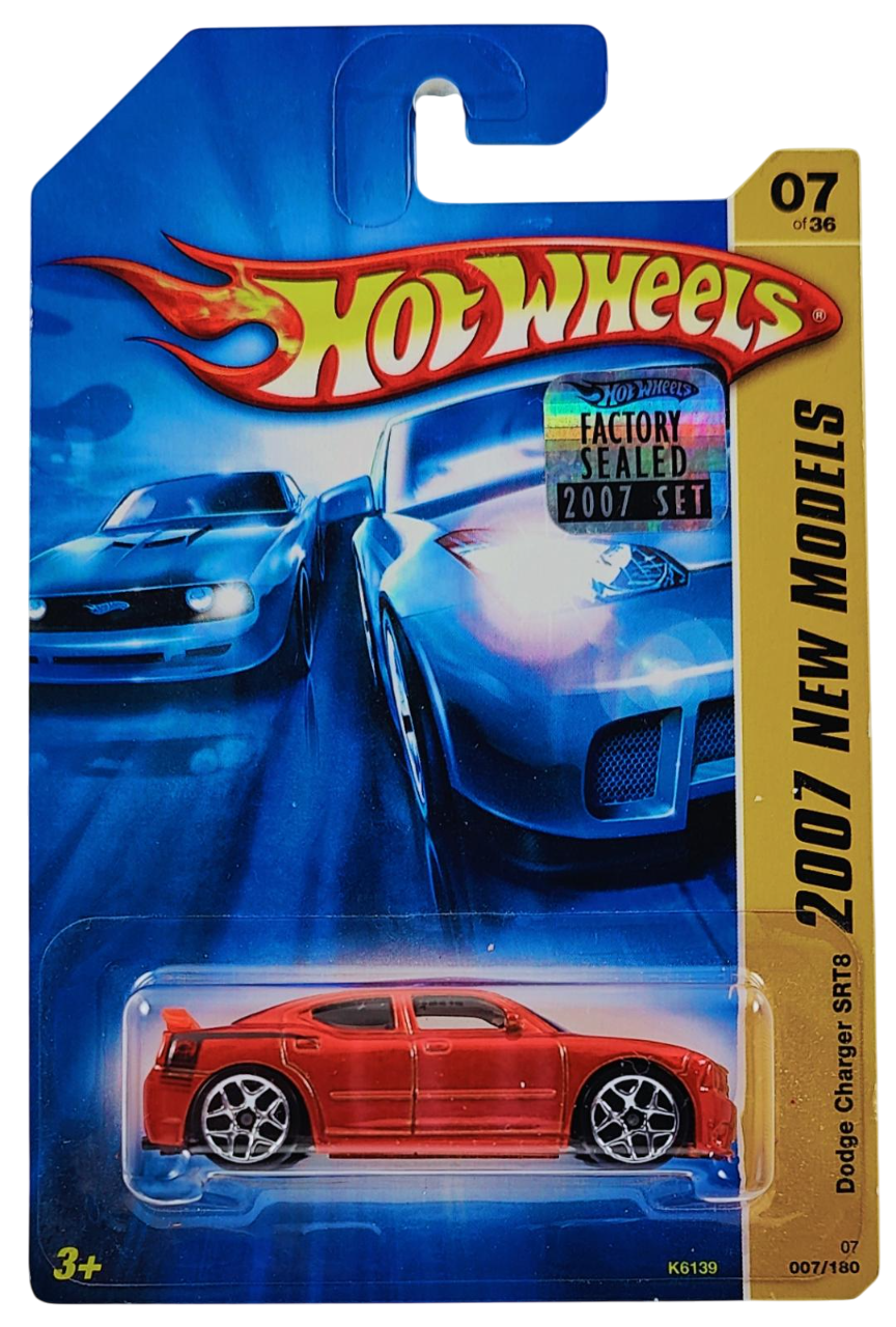 Hot Wheels 2007 - Collector # 007/180 - New Models 07/36 - Dodge Charger SRT8 - Metallic Orange - Orange Rear Wing - USA Card with Factory Set Sticker