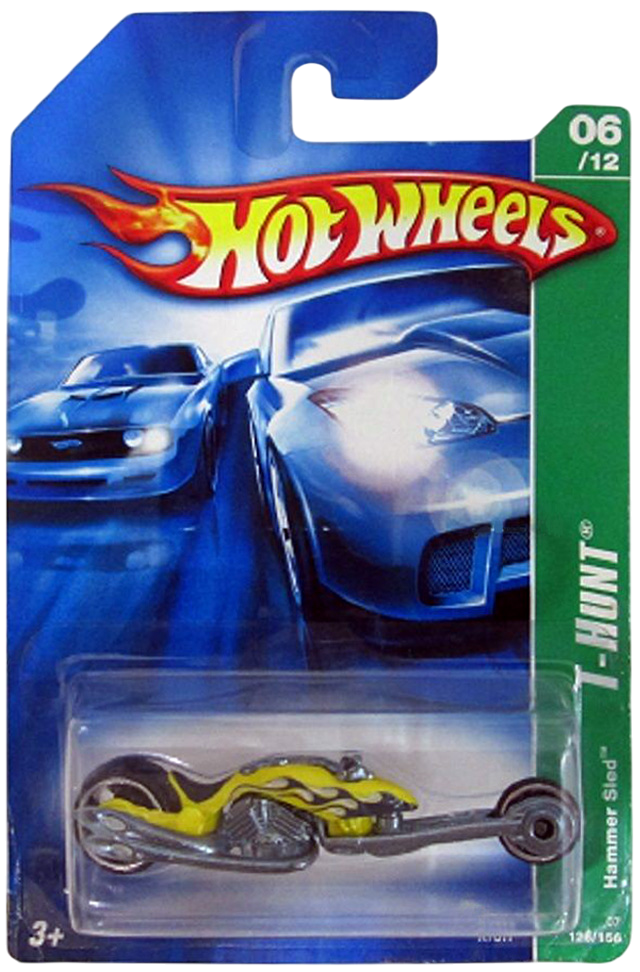 Hot Wheels 2007 - Collector # 126/156 - Treasure Hunts 6/12 - Hammer Sled (Custom Motorcycle) - Yellow / Flames - International Card