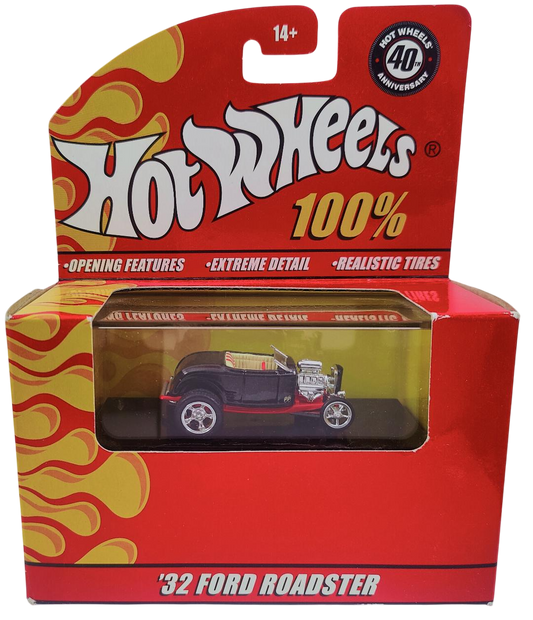Hot Wheels 2008 - 100% Collectible / 40th Anniversary - '32 Ford Roadster - Black - Rubber Tires - Extreme Detail - Acrylic Display Box