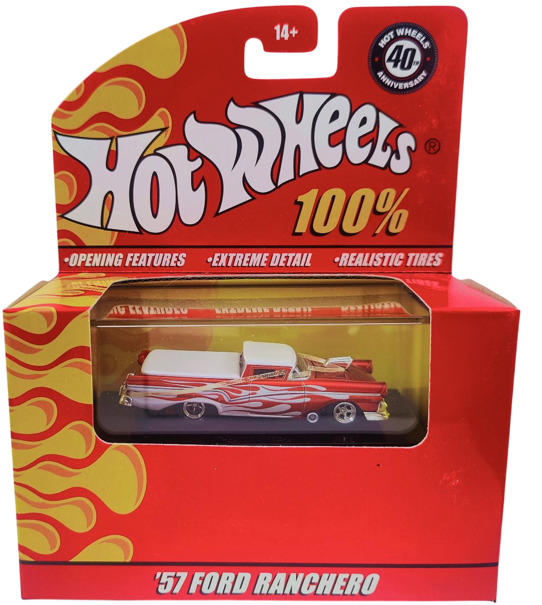 Hot Wheels 2008 - 100% Collectible / 40th Anniversary - '57 Ford Ranchero - Metallic Orange - Rubber Tires - Opening Hood - Extreme Detail - Acrylic Display Box