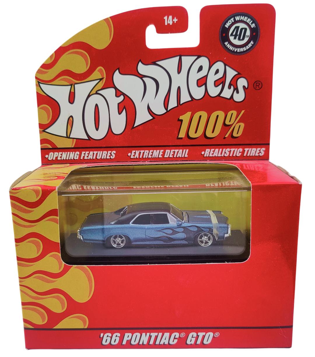 Hot Wheels 2008 - 100% Collectible / 40th Anniversary - '66 Pontiac GTO - Steel Blue / Flames - Rubber Tires - Opening Hood - Extreme Detail - Acrylic Display Box