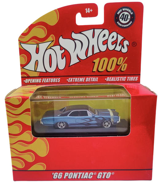Hot Wheels 2008 - 100% Collectible / 40th Anniversary - '66 Pontiac GTO - Steel Blue / Flames - Rubber Tires - Opening Hood - Extreme Detail - Acrylic Display Box