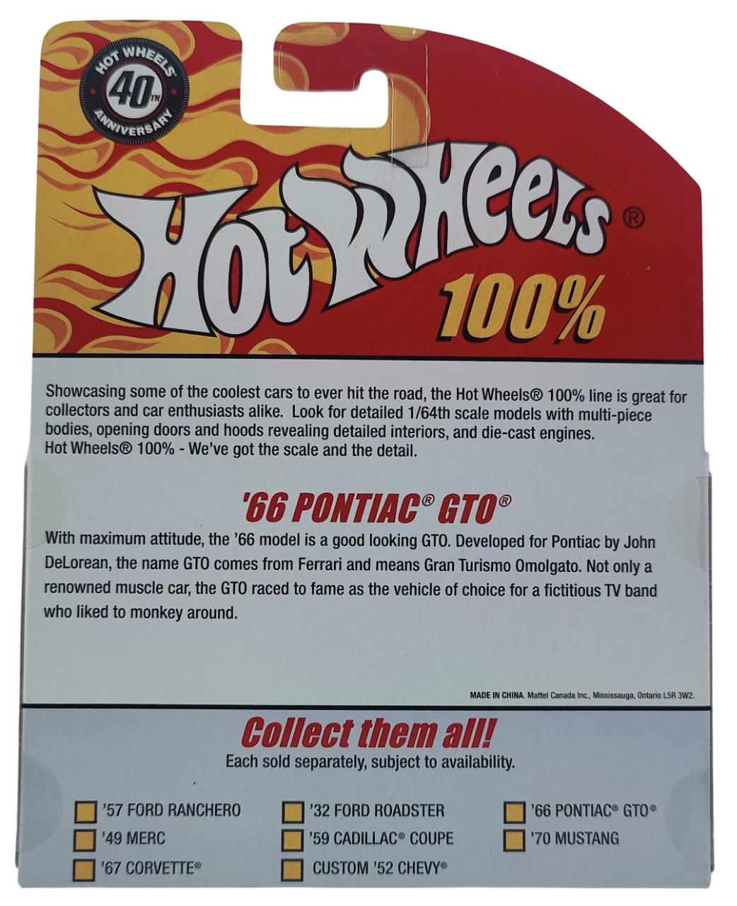 Hot Wheels 2008 - 100% Collectible / 40th Anniversary - '66 Pontiac GTO - Steel Blue / Flames - Rubber Tires - Opening Hood - Extreme Detail - Acrylic Display Box