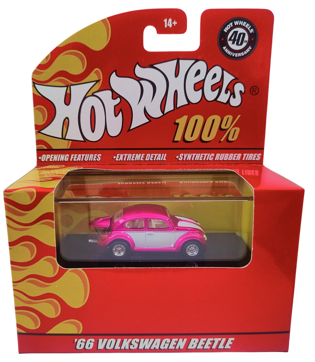 Hot Wheels 2008 - 100% Collectible / 40th Anniversary - '66 Volkswagen Beetle - Pink & White - Rubber Tires - Opening Engine Cover - Extreme Detail - Acrylic Display Box