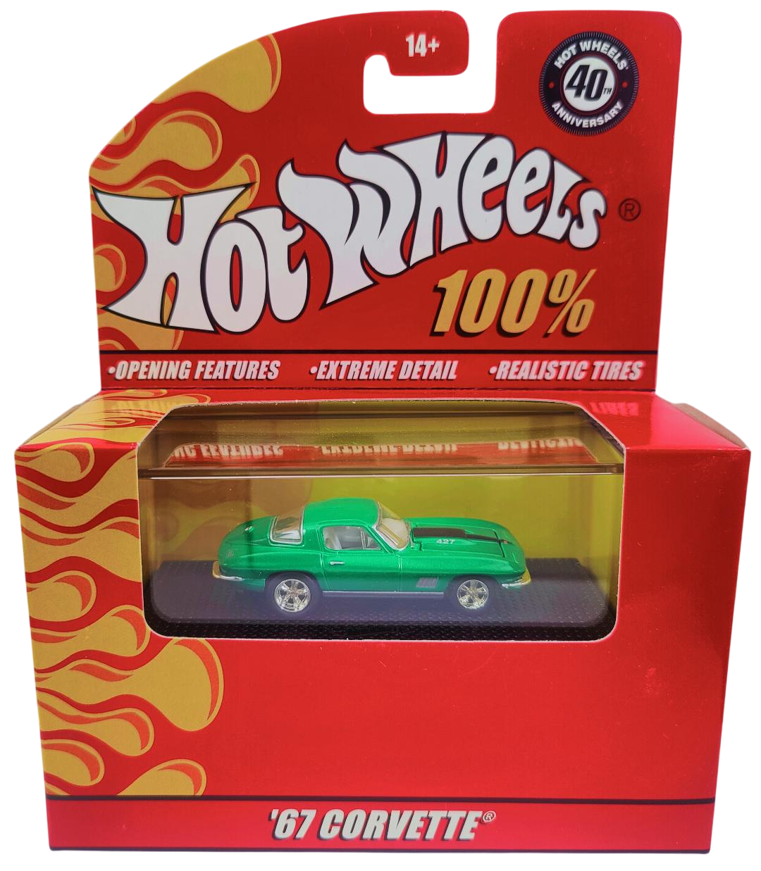 Hot Wheels 2008 - 100% Collectible / 40th Anniversary - '67 Corvette - Green - Rubber Tires - Opening Hood - Extreme Detail - Acrylic Display Box