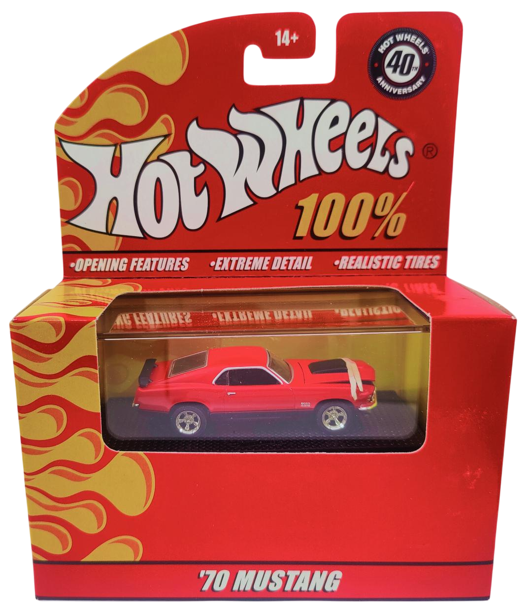 Hot Wheels 2008 - 100% Collectible / 40th Anniversary - '70 Ford Mustang - Red - Rubber Tires - Opening Hood - Extreme Detail - Acrylic Display Box