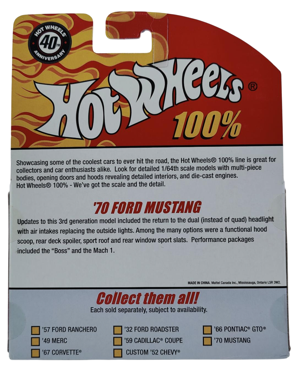 Hot Wheels 2008 - 100% Collectible / 40th Anniversary - '70 Ford Mustang - Red - Rubber Tires - Opening Hood - Extreme Detail - Acrylic Display Box