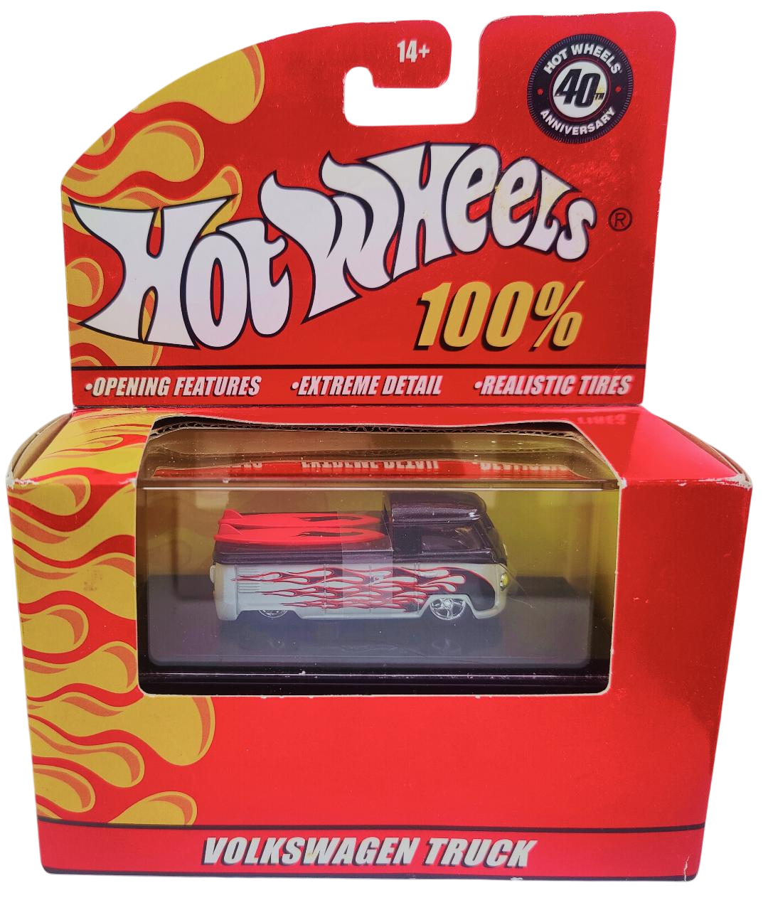 Hot Wheels 2008 - 100% Collectible / 40th Anniversary - Volkswagen Truck - Black over White / Flames - Rubber Tires - Surf Boards - Extreme Detail - Acrylic Display Box