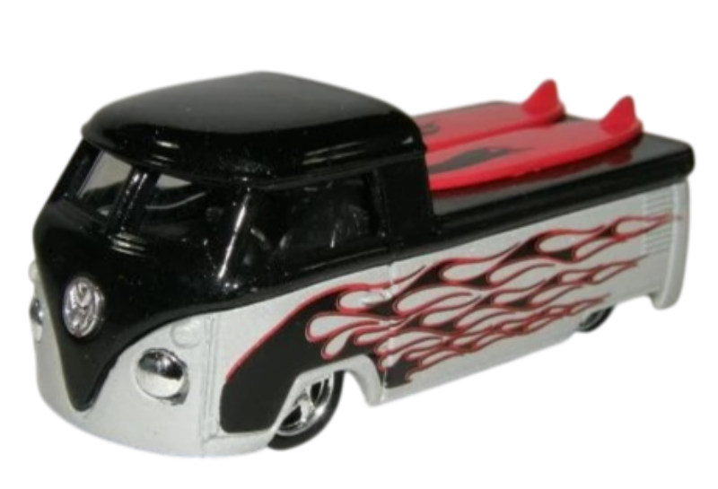 Hot Wheels 2008 - 100% Collectible / 40th Anniversary - Volkswagen Truck - Black over White / Flames - Rubber Tires - Surf Boards - Extreme Detail - Acrylic Display Box