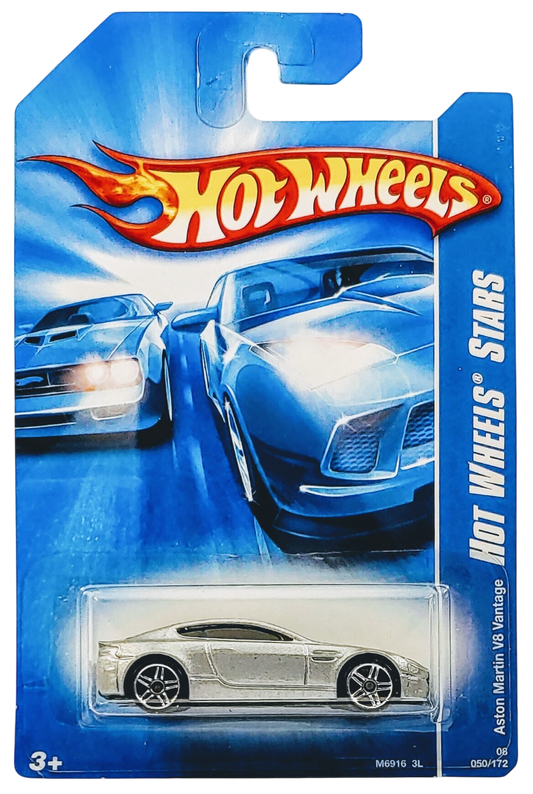Hot Wheels 2008 - Collector # 050/172 - Hot Wheels Stars - Aston Martin V8 Vantage - Silver - PR5 Wheels - International Card