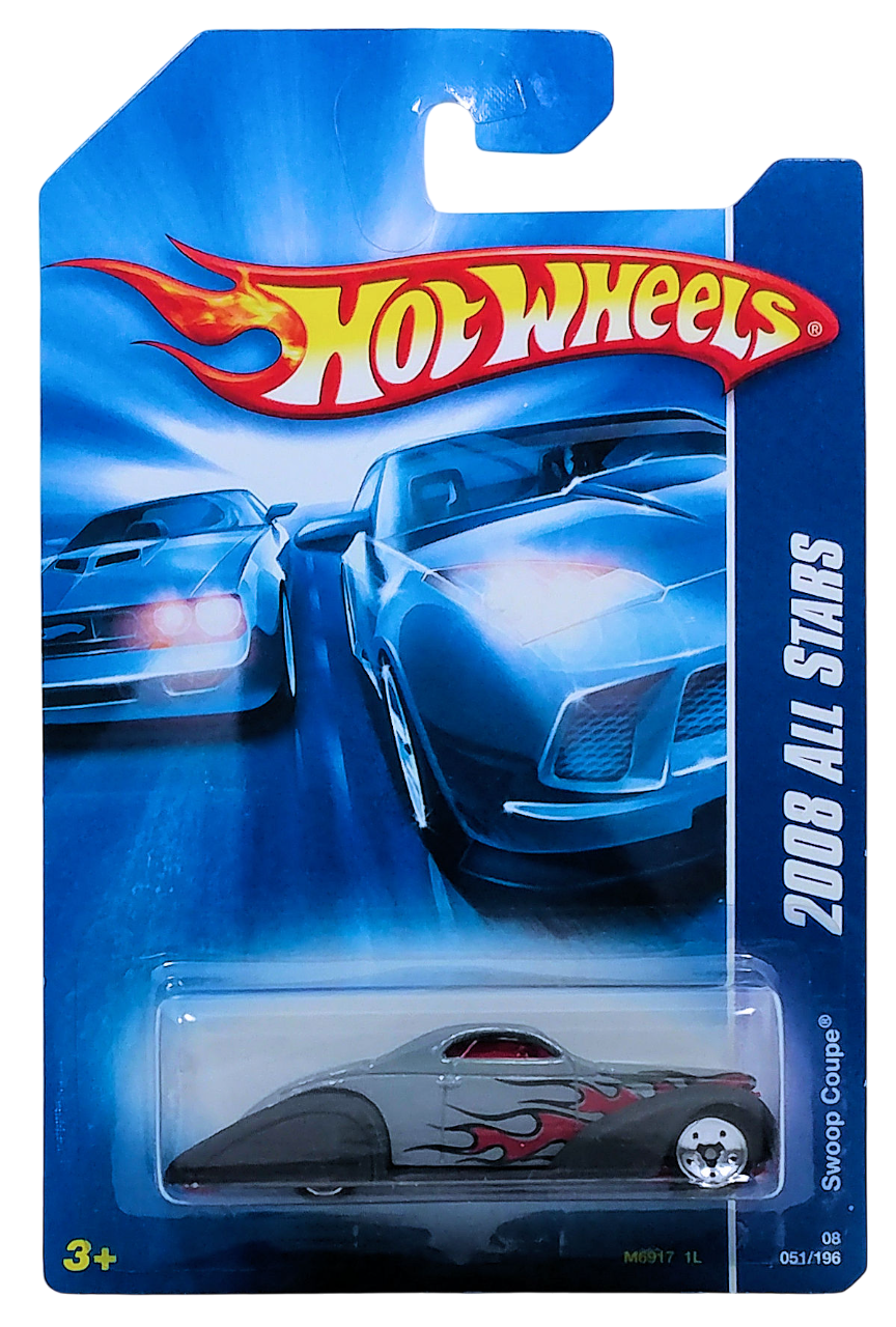 Hot Wheels 2008 - Collector # 051/196 - All Star - Swoop Coupe - Gray Body with Flames / Black Fenders - USA Card
