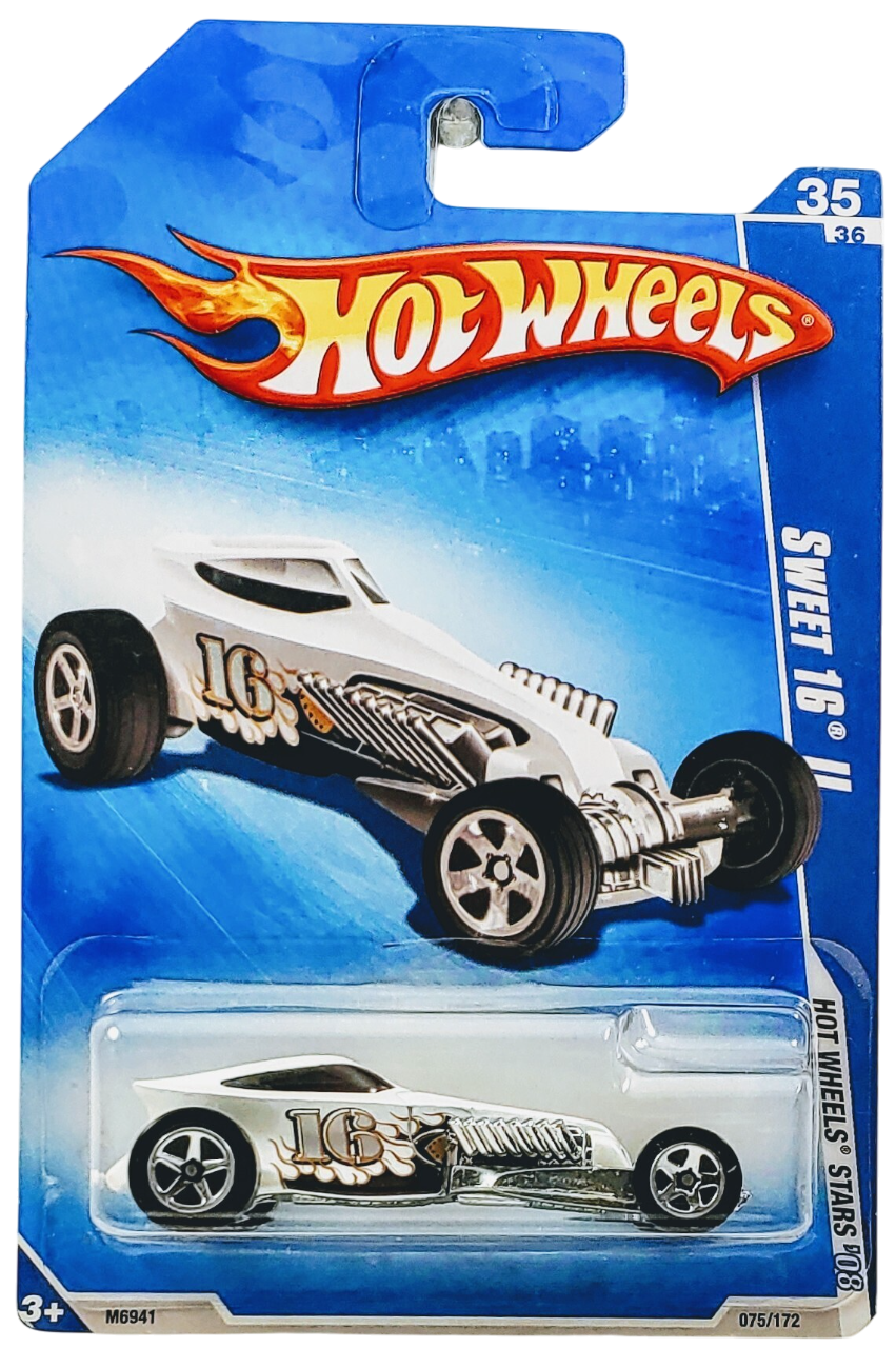 Hot Wheels 2008 - Collector # 075/172 - Hot Wheels Stars - Sweet 16 II - White / #16 with Flames - 5 Spokes - International '09 Card