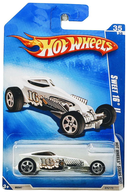 Hot Wheels 2008 - Collector # 075/172 - Hot Wheels Stars - Sweet 16 II - White / #16 with Flames - 5 Spokes - International '09 Card