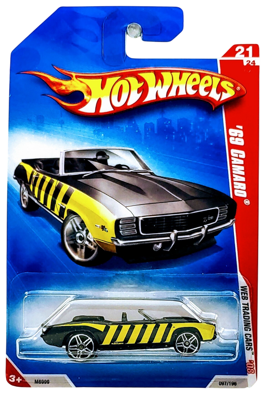 Hot Wheels 2008 - Collector # 097/196 - Web Trading Cars 21/24 - '69 Camaro (Convertible) - Black with Yellow Stripes - PR5 Wheels - USA Card