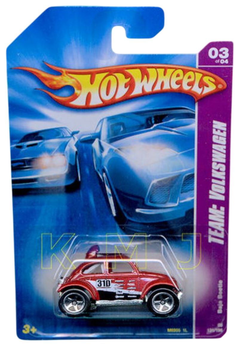 Hot Wheels 2008 - Collector # 131/196 - TEAM: Volkswagen 3/4 - Baja Beetle - Dark Red Metalflake / #310 / Various Racing Decals - 5 Spokes - USA Card