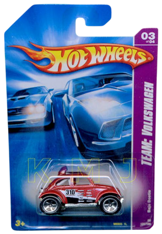 Hot Wheels 2008 - Collector # 131/196 - TEAM: Volkswagen 3/4 - Baja Beetle - Dark Red Metalflake / #310 / Various Racing Decals - 5 Spokes - USA Card