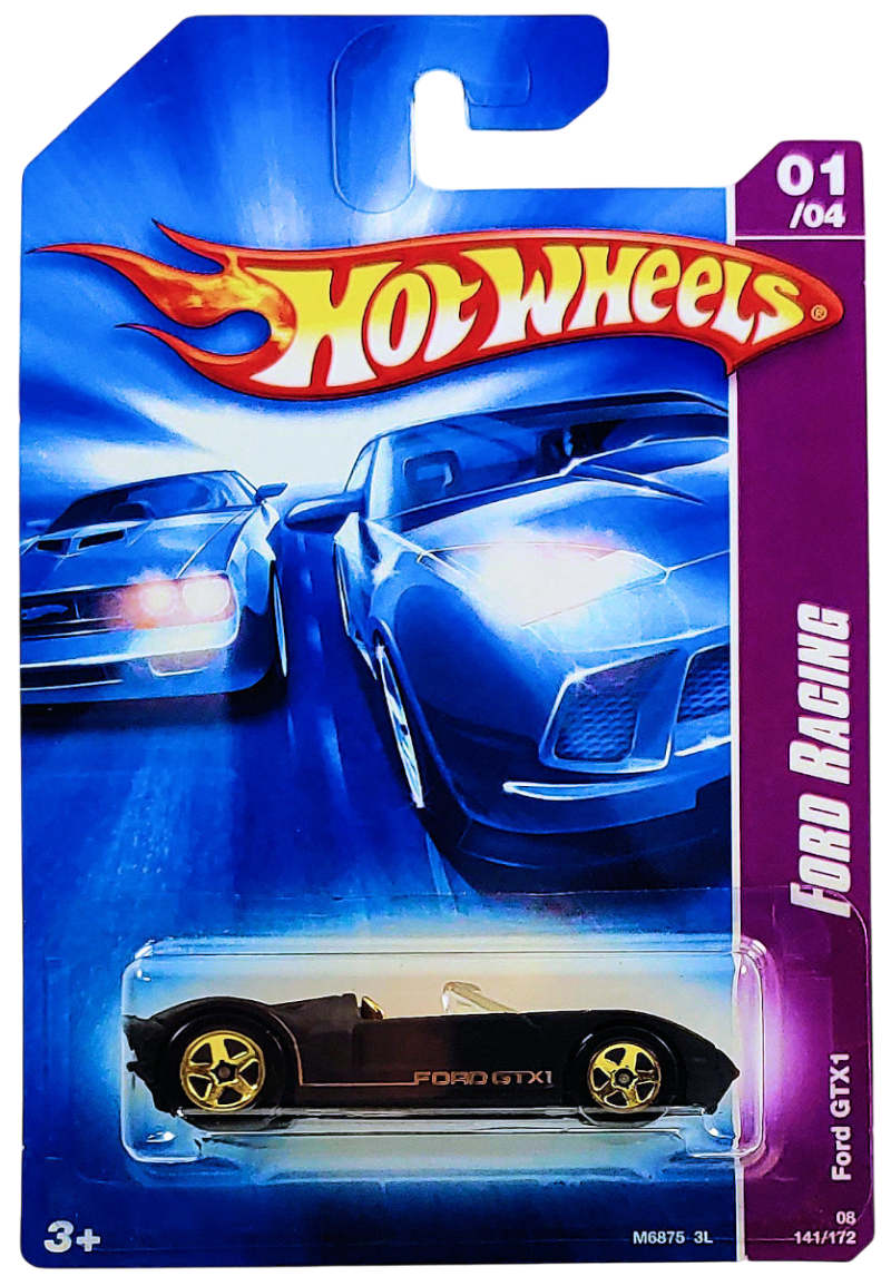 Hot Wheels 2008 - Collector # 141/172 - Ford Racing # 1/4 - Ford GTX1 - Matte Black - Gold 5 Spokes - International Card