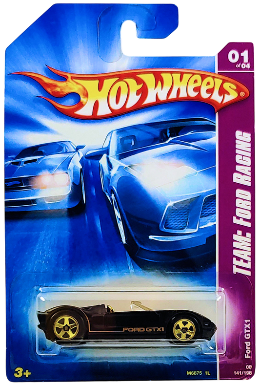 Hot Wheels 2008 - Collector # 141/196 - TEAM: Ford Racing # 1/4 - Ford GTX1 - Matte Black - Gold 5 Spokes - USA Card