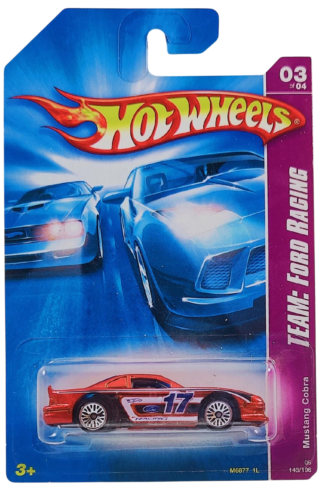 Hot Wheels 2008 - Collector # 143/196 - TEAM: Ford Racing 3/4 - Mustang Cobra - Orange Metalflake / #17 - Lace Wheels - USA Card