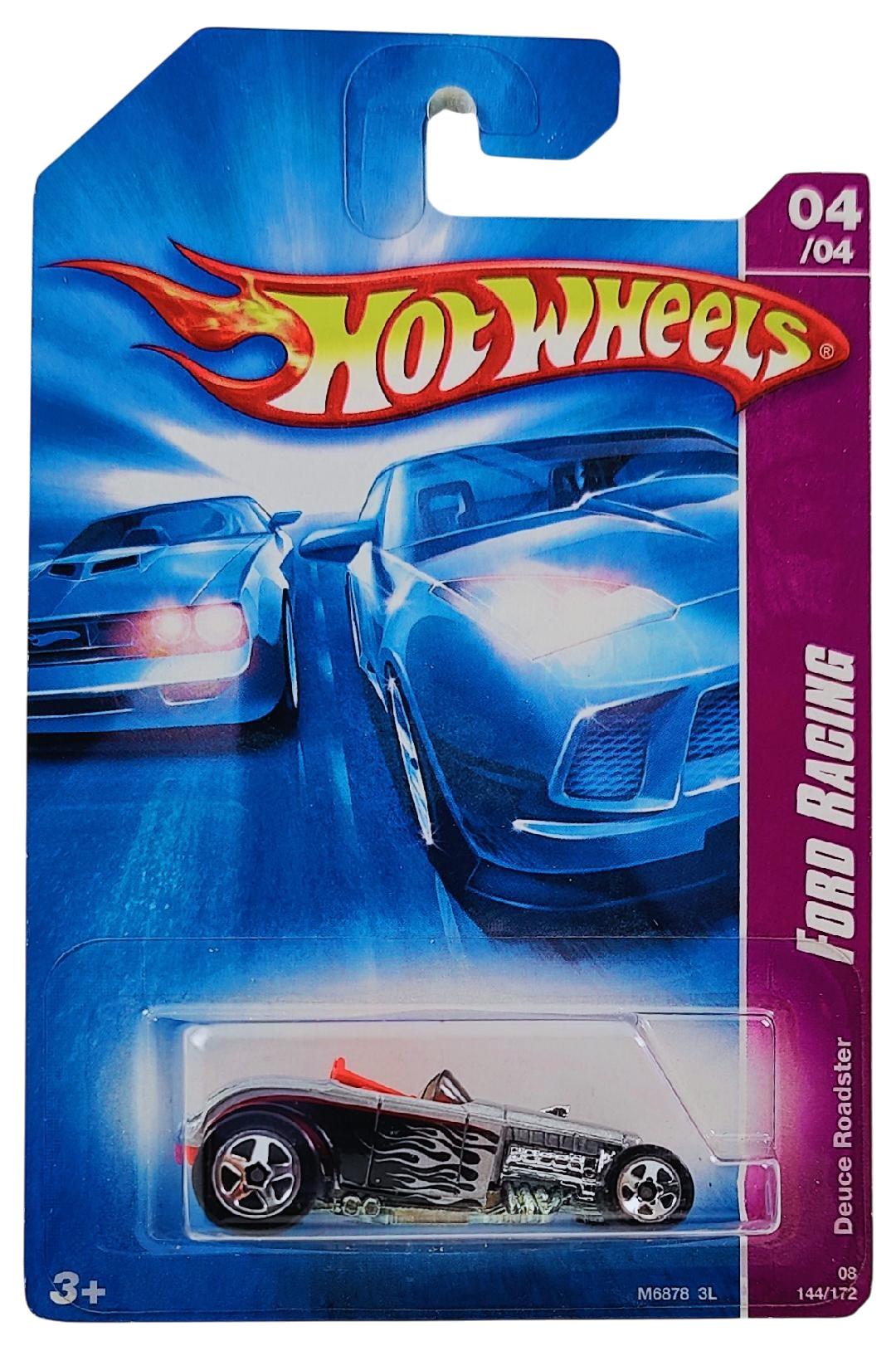 Hot Wheels 2008 - Collector # 144/172 - Ford Racing 4/4 - Deuce Roadster - Gray Metalflake / Flames - 5 Spoke Wheels - International Card
