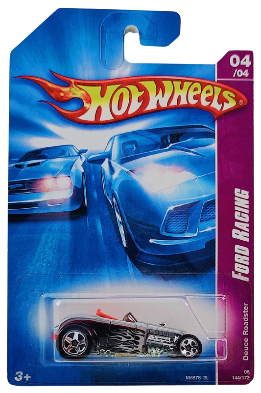 Hot Wheels 2008 - Collector # 144/172 - Ford Racing 4/4 - Deuce Roadster - Gray Metalflake / Flames - 5 Spoke Wheels - International Card