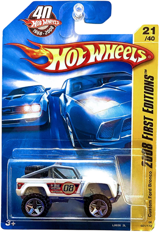 Hot Wheels 2008 - Collector # 021/172 - First Editions 21/40 - Custom Ford Bronco - White / #08 - OR5Sp Wheels - International 40th Card