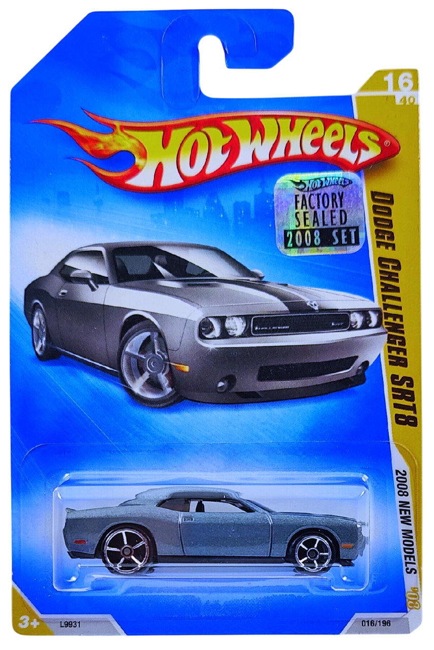 Hot Wheels 2008 - Collector # 016/196 - New Models 16/40 - Dodge Challenger SRT8 - Dark Gray Metallic / Black Stripes on Hood - KMart Exclusive - USA '09 Card with Factory Set Sticker