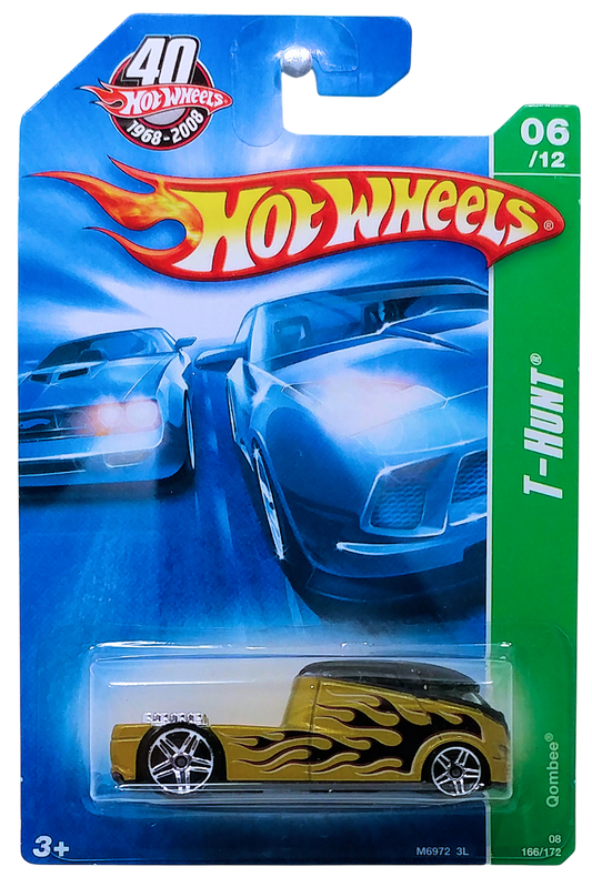 Hot Wheels 2008 - Collector # 166/172 - Treasure Hunts 6/12 - Qombee - Gold with Black Roof & Flames - PR5 Wheels - International Card