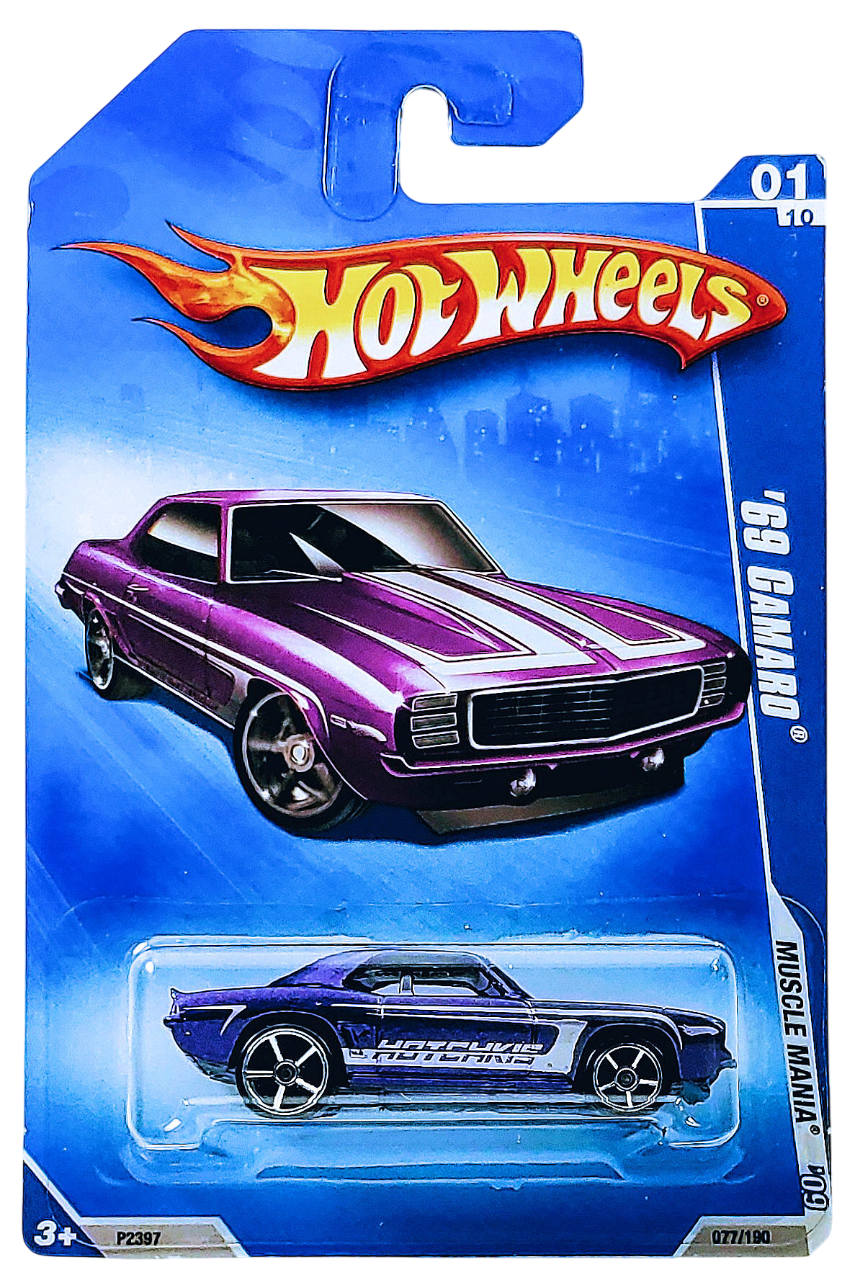 Hot Wheels 2009 - Collector # 077/190 - Muscle Mania 1/10 - '69 Camaro - Purple / Hotchkis - USA Card