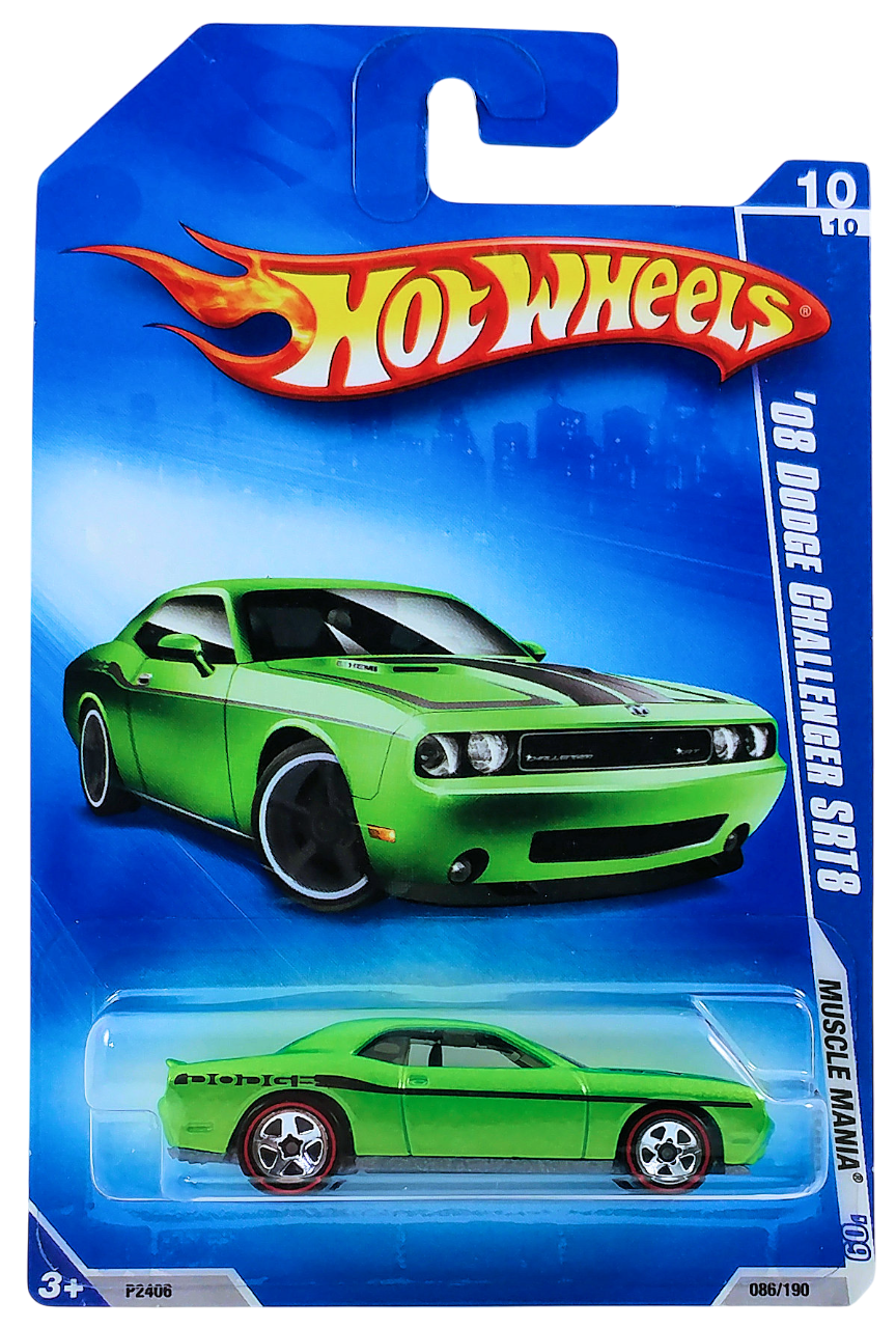 Hot Wheels 2009 - Collector # 086/190 - Muscle Mania 10/10 - '08 Dodge Challenger SRT8 - Green - Redline Tires - Walmart Exclusive - USA Card