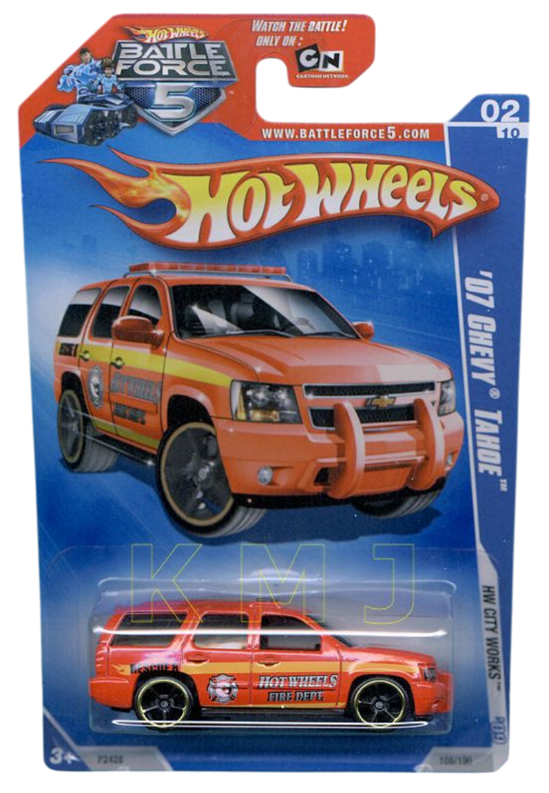 Hot Wheels 2009 - Collector # 108/190 - HW City Works 2/10 - '07 Chevy Tahoe - Red / Fire Dept. - OH5SP Wheels - USA 'Battle Force 5' Card