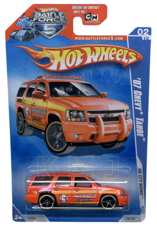 Hot Wheels 2009 - Collector # 108/190 - HW City Works 2/10 - '07 Chevy Tahoe - Red / Fire Dept. - OH5SP Wheels - USA 'Battle Force 5' Card