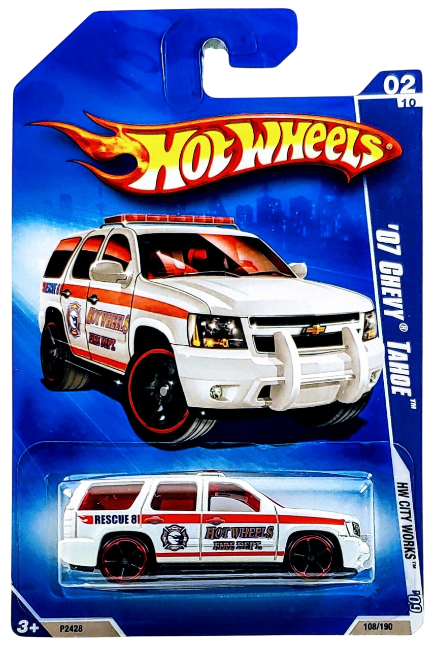 Hot Wheels 2009 - Collector # 108/190 - HW City Works 2/10 - '07 Chevy Tahoe - White / Fire Dept. - OH5SP Wheels - USA Card