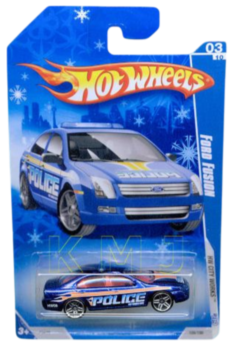 Hot Wheels 2009 - Collector # 109/190 - HW City Works 3/10 - Ford Fusion - Blue / Police - USA 'Snowflake' Card - Target Exclusive