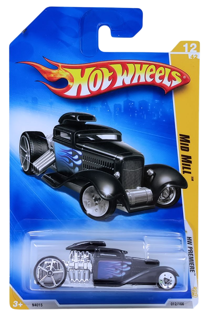Hot Wheels 2009 - Collector # 012/166 - HW Premiere 12/42 - Mid Mill - Black / Flames - International Card
