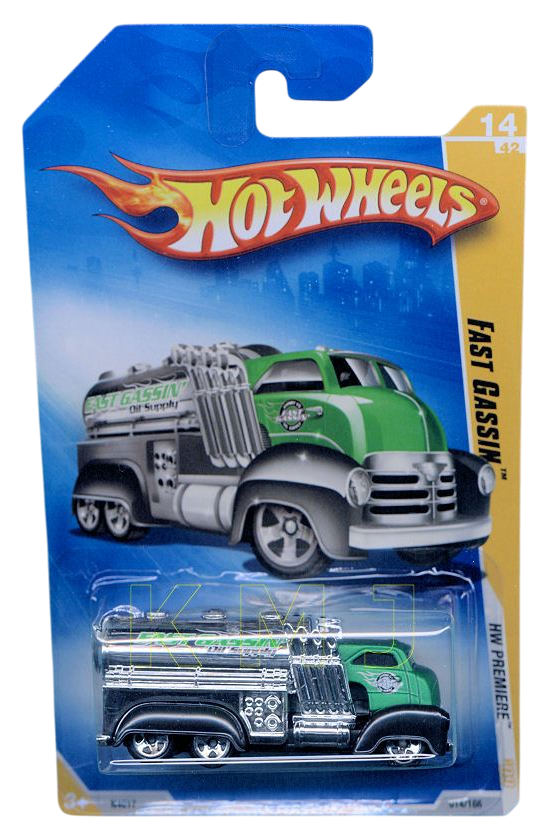 Hot Wheels 2009 - Collector # 014/166 - HW Premiere 14/42 - Fast Gassin - Satin Green Cab / Chrome Tank / Black Fenders - 5 Spoke Wheels - International Card