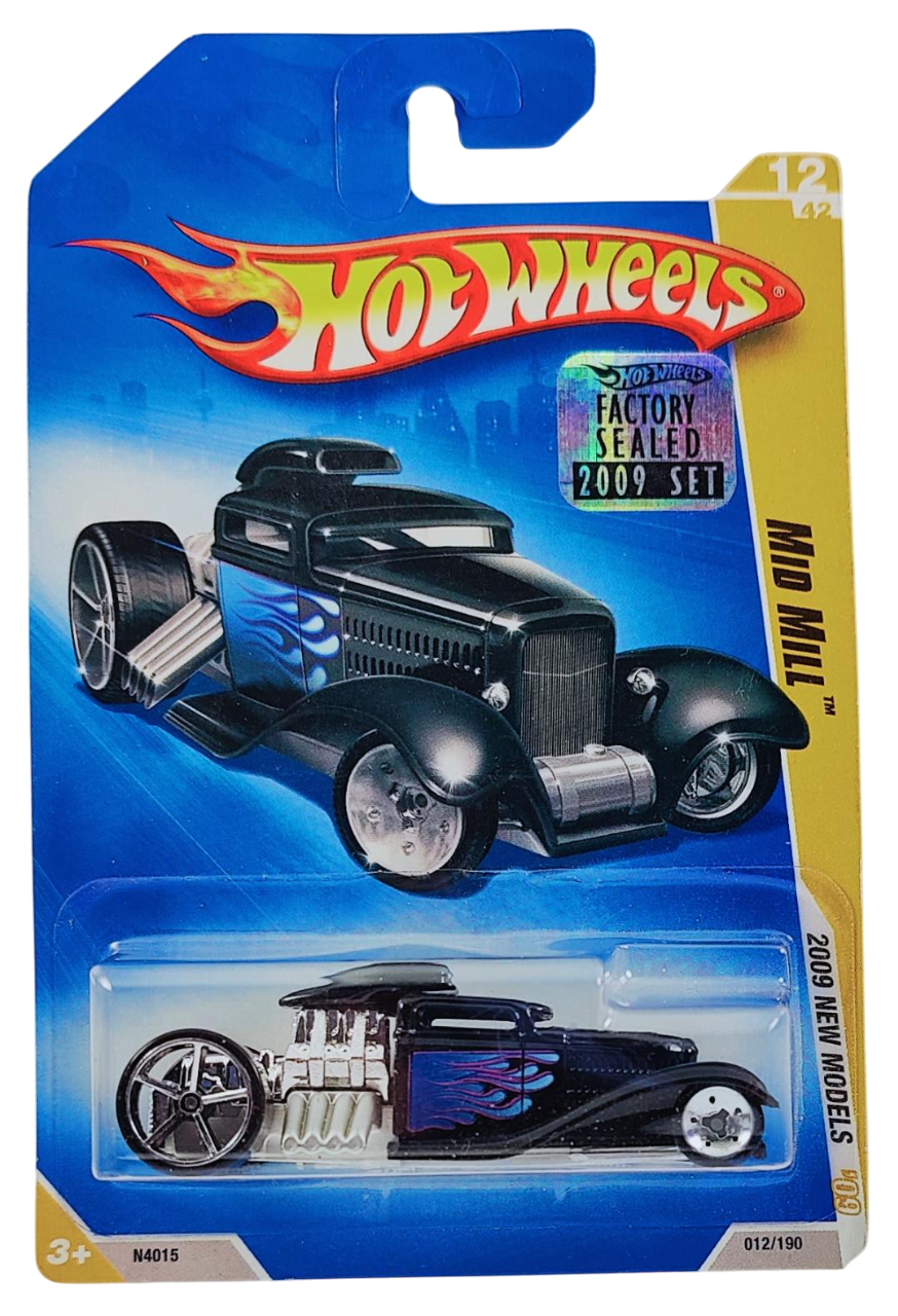 Hot Wheels 2009 - Collector # 012/190 - New Models 12/42 - Mid Mill - Black / Flames - USA Card with Factory Set Sticker