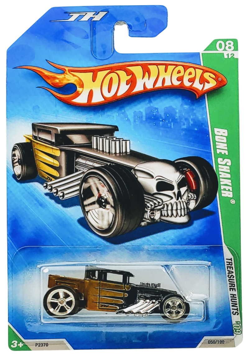 Hot Wheels 2009 - Collector # 050/190 - SUPER Treasure Hunts 08/12 - Bone Shaker - Spectraflame Gold with Black Scallops - Real Riders - USA Card