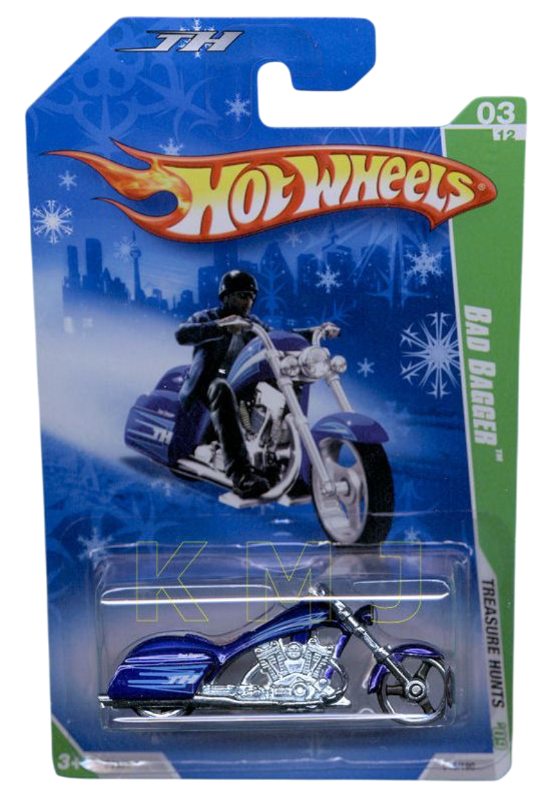 Hot Wheels 2009 - Collector # 045/190 - Treasure Hunts 03/12 - Bad Bagger (Motorcycle Chopper) - Blue - 3 Spokes - Target Exclusive - USA 'Snowflake' Card