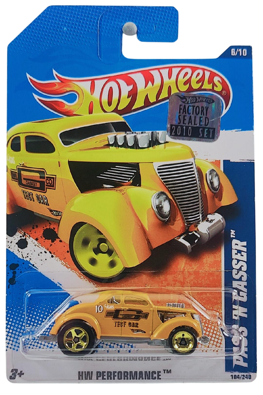 Hot Wheels 2010 - Collector # 104/240 - HW Performance 6/10 - Pass'n Gasser - Dark Yellow / Mr. Gasket - USA '11 Card with Factory Set Sticker