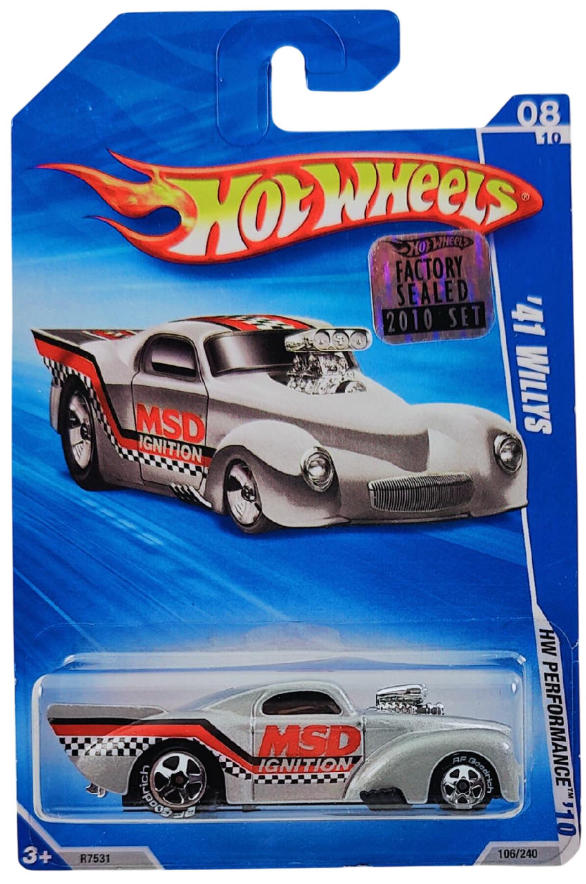Hot Wheels 2010 - Collector # 106/240 - HW Performance 8/10 - '41 Willys - Silver / MSD Ignition - BF Goodrich Tires which is a Walmart Exclusive - USA Card with Factory Sticker