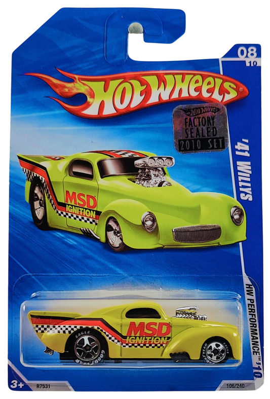 Hot Wheels 2010 - Collector # 106/240 - HW Performance 8/10 - '41 Willys - Yellow / MSD Ignition - Good Year Tires which is a Walmart Exclusive - USA Card with Factory Sticker
