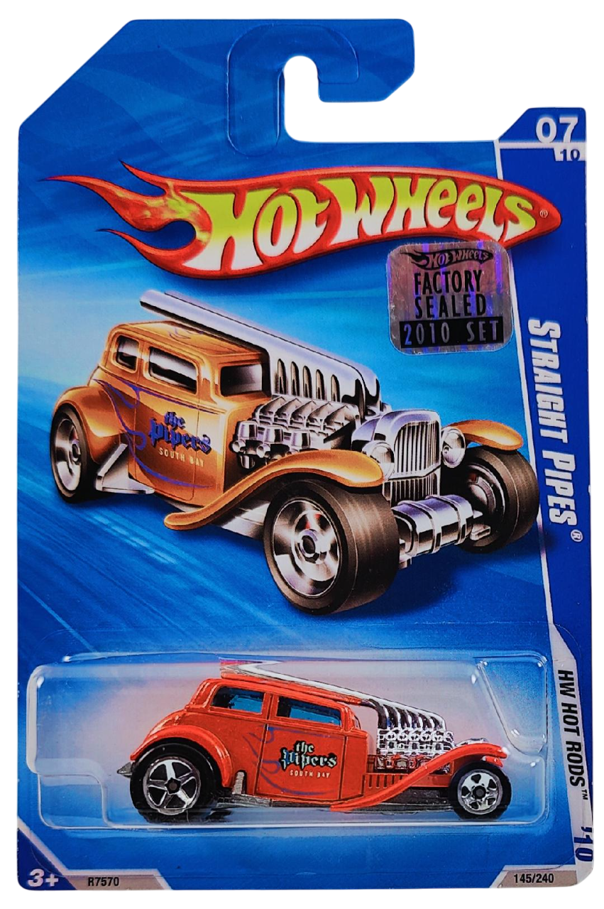 Hot Wheels 2010 - Collector # 145/240 - HW Hot Rods 7/10 - Straight Pipes - Orange / 'The Pipers' South Bay - USA Card with Factory Set Sticker