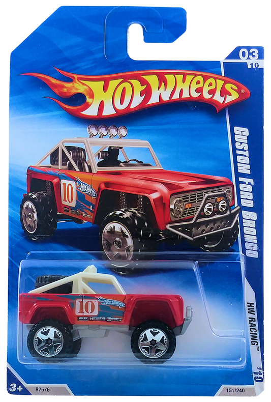 Hot Wheels 2010 - Collector # 151/240 - HW Racing 3/10 - Custom Ford Bronco - Red / #10 - Chrome OR5Sp Wheels - USA Card