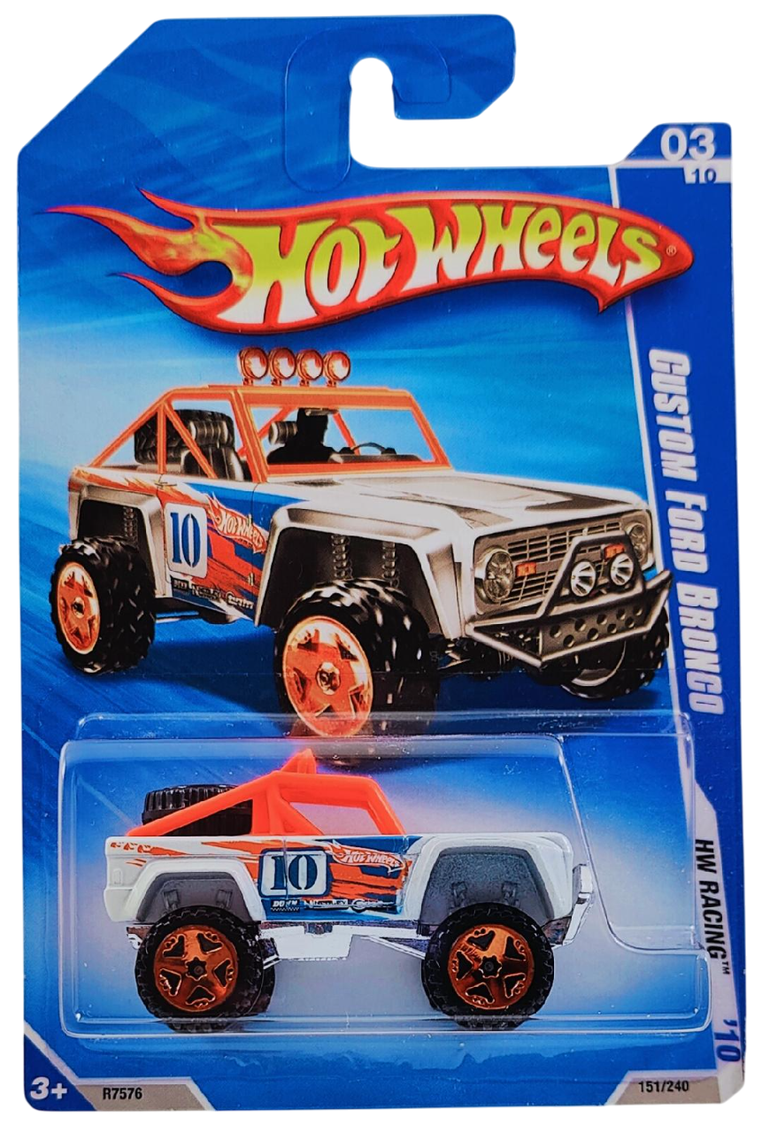 Hot Wheels 2010 - Collector # 151/240 - HW Racing 3/10 - Custom Ford Bronco - White / #10 - Chrome Orange OR5Sp Wheels - USA Card