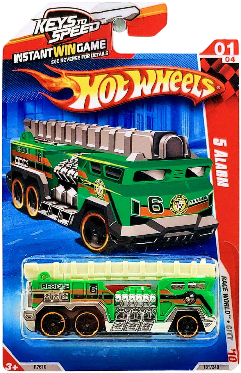 Hot Wheels 2010 - Collector # 181/240 - Race World / City 1/4 - 5 Alarm (Fire Truck) - Neon Green - USA '11 Keys to Speed Card