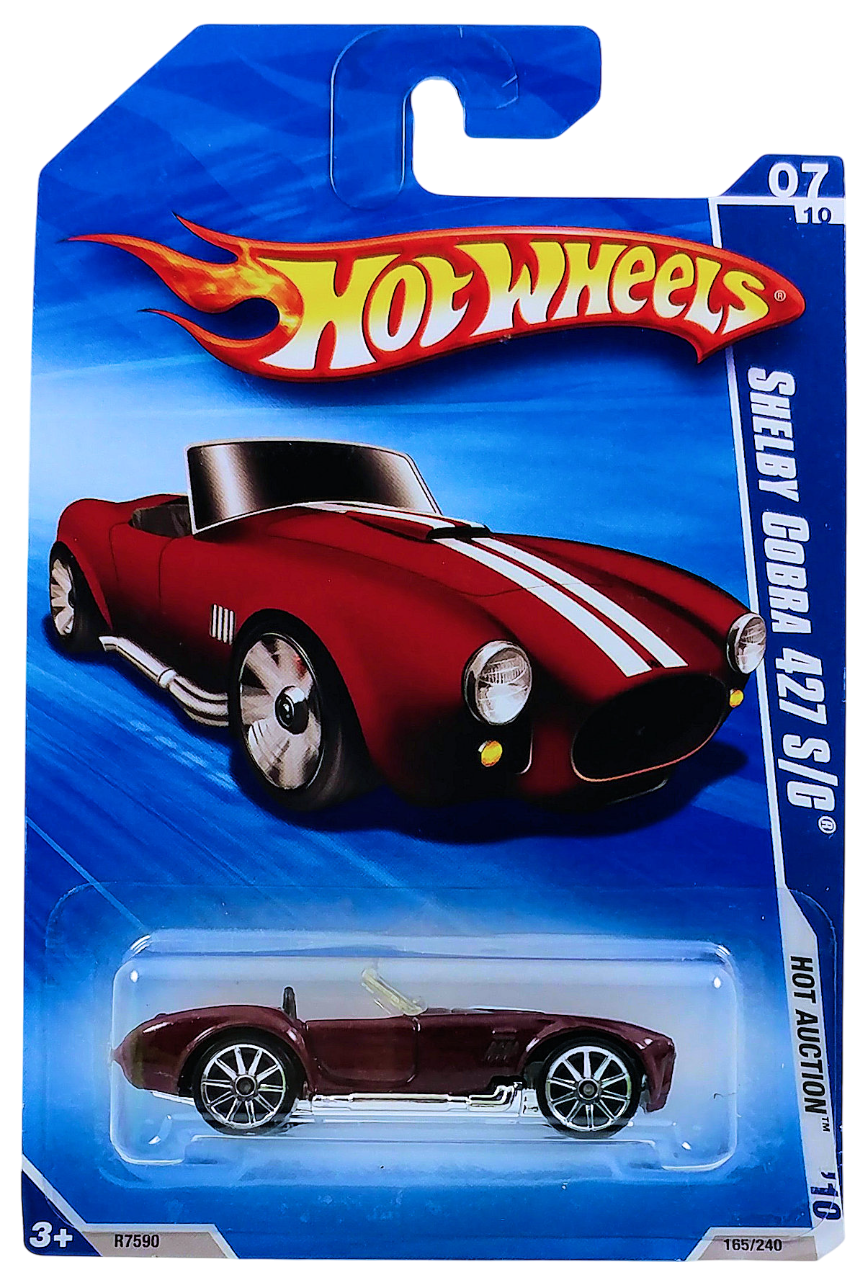 Hot Wheels 2010 - Collector # 165/240 - Hot Auction 7/10 - Shelby Cobra 427 S/C - Dark Red / White Racing Stripes - 10 Spoke Wheels - Opening Hood - USA Card