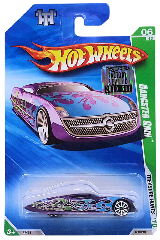 Hot Wheels 2010 - Collector # 050/240 - Treasure Hunts 6/12 - Gangster Grin - Purple Metalflake with Flames - 10 Spoke Wheels - USA Card with Factory Set Sticker